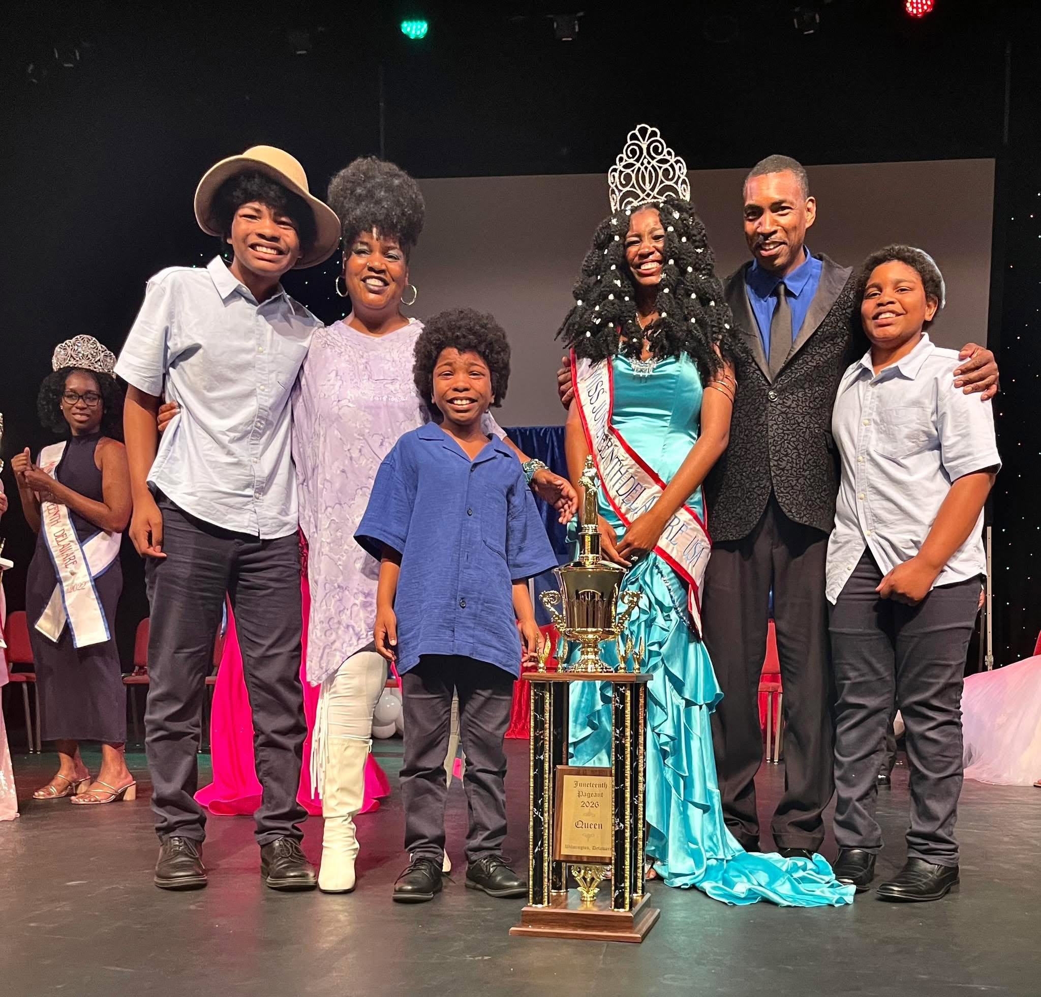 Miss Juneteenth Delaware 2026 Lihlo Hollins with family and trophy